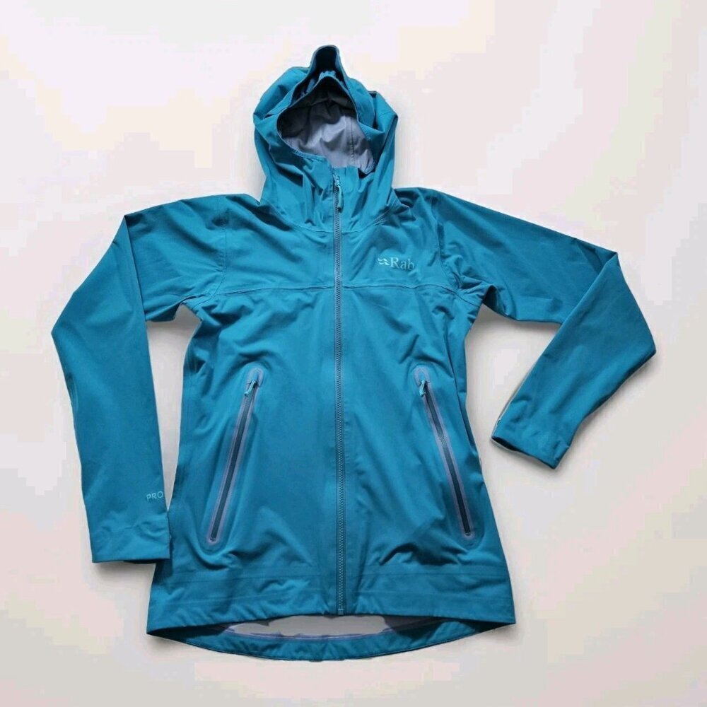 RAB Kinetic Plus Jacket Women XS Teal Proflex Hooded Waterproof Rain Wind QFT-87